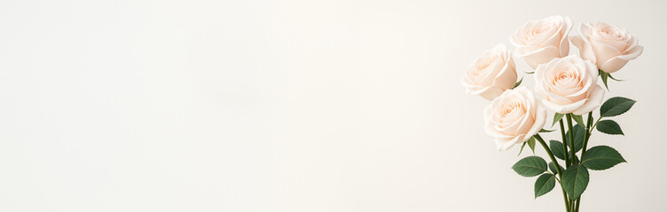 Soft pink roses bouquet on light background with copyspace for design or message, ideal floral mockup for banner or poster template. Ai generative