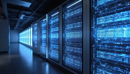 Futuristic data center with rows of blue computer servers. Beige walls, white ceiling, soft lighting. Data storage, computing, networking, cloud technology infrastructure.