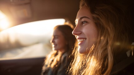 Two young women share a joyful moment inside a car,