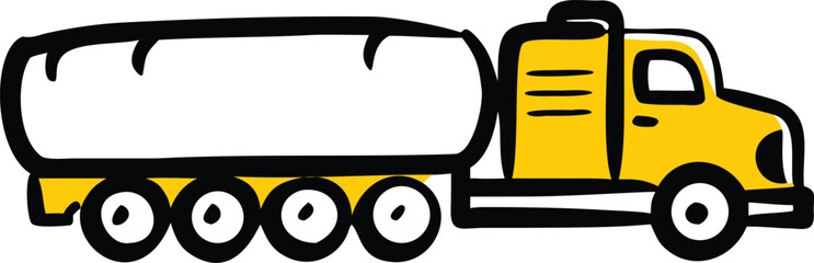 Isolated Yellow and White Oil Tanker Truck with Bold Black Outlines,Doodle Style