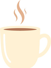 Simple flat illustration of a steaming beige coffee mug filled with a hot brown beverage.