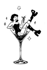 Party girl in a vintage martini glass event illustration Black and White Sketch Line Art hand drawn on a Transparent background