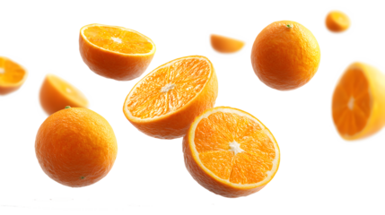 Ripe orange fruits and orange slices levitating in the air isolated on a white background