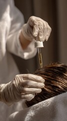 Beautician applying hair growth serum with pipette on client's scalp