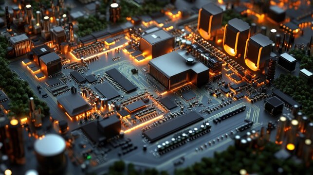 Futuristic circuit board with glowing cityscapes, illuminated technology
