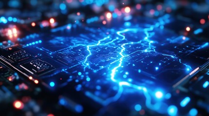 Futuristic circuit board with glowing electrical pathways, city lights in background