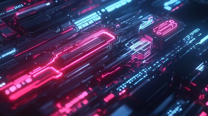 Futuristic circuit board with glowing neon lines, intricate details, and a central data stream.  Use Abstract technology background