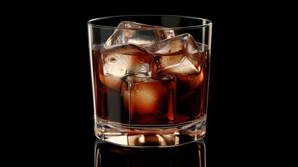 Glass of dark liquor with ice cubes on black background