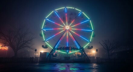 Spooky Halloween Neon Ferris Wheel at Night Carnival
