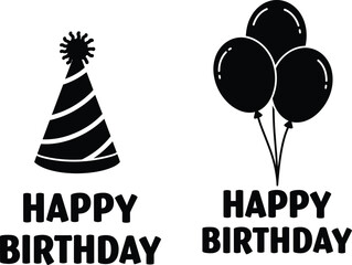Set of two simple vector illustrations for a birthday celebration, featuring a party hat and a group of balloons paired with 