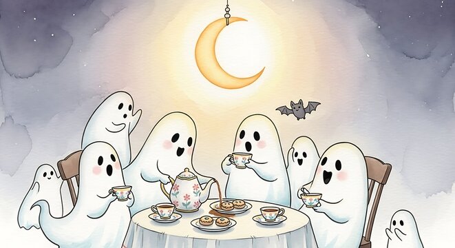 Group of Playful Ghosts Under Crescent Moon
