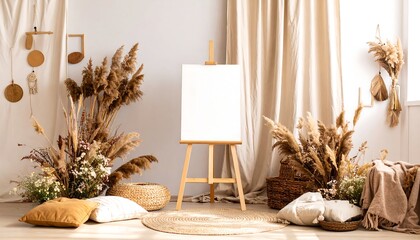 Boho-Chic Interior Design Display with Dried Flowers and Natural Elements