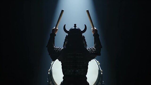 Powerful Samurai Warrior Performing Taiko Drum Under Dramatic Spotlight Capturing Traditional Japanese Culture and Ancient Rhythms on Stage