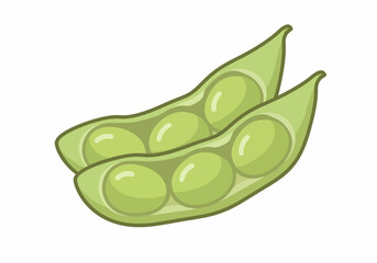 Two vibrant green edamame pods open to reveal plump beans in a clean cartoon illustration style.