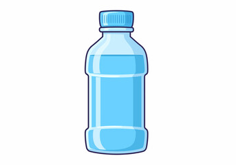 A simple cartoon illustration of a plastic water bottle with a blue ribbed cap filled with clear water.