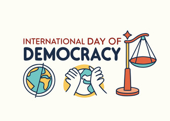 International Day of Democracy Illustration Featuring Earth Hands and Scales of Justice on a Cream Background