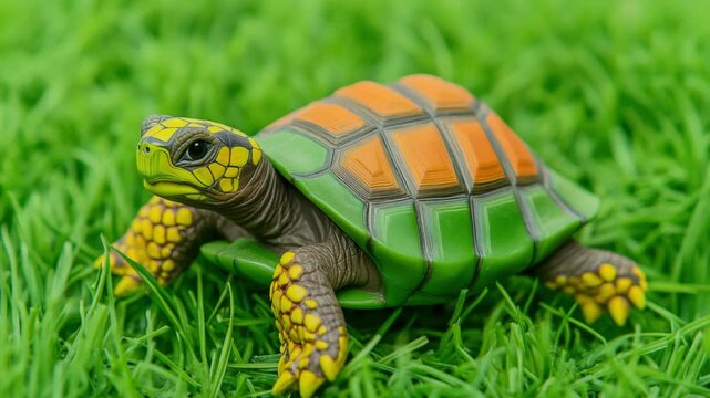 Vibrant red and yellow box turtle with distinct pattern, likely a pet due to its coloration.