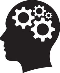 Black silhouette of a human head with white gears inside profile