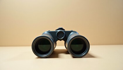 Binoculars with black lenses displayed on a plain background  