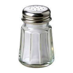 A clear glass salt shaker with a metal lid and holes, filled with white salt, isolated on a white background