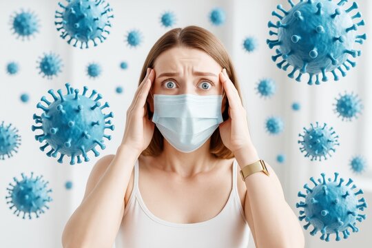 Worried woman wearing medical mask surrounded by floating virus particles, symbolizing infection risk and pandemic anxiety on light background.