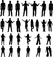 PrintSilhouettes of people, diverse poses, human gestures, isolated figures, black shapes, white background, stock photography, body language, character design, artistic expression, graphic resource