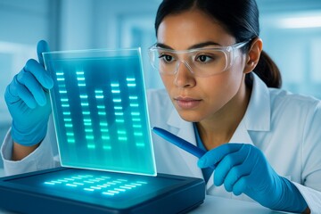 Female scientist analyzing illuminated DNA sequence display in futuristic lab environment with blue light background, symbolizing biotech concept. Ai generative