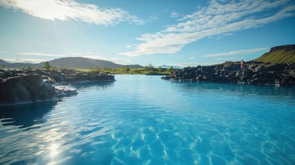 Fototapeta premium Icelandic Hot Spring Relaxation, Volcanic Landscape, Tourist at Blue Lagoon