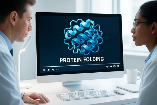 Scientists watching protein folding animation on computer screen in laboratory, studying molecular biology concept on a clean modern background. Ai generative - Powered by Adobe