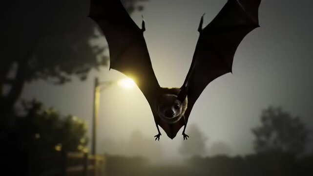 Bat flying night fog landscape.