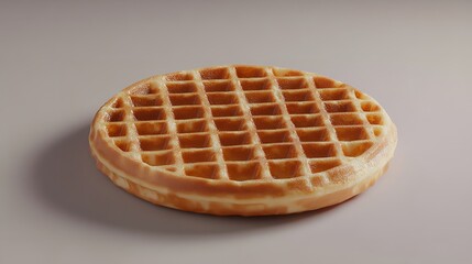 A single round waffle with a grid pattern sits on a plain surface in a simple studio shot