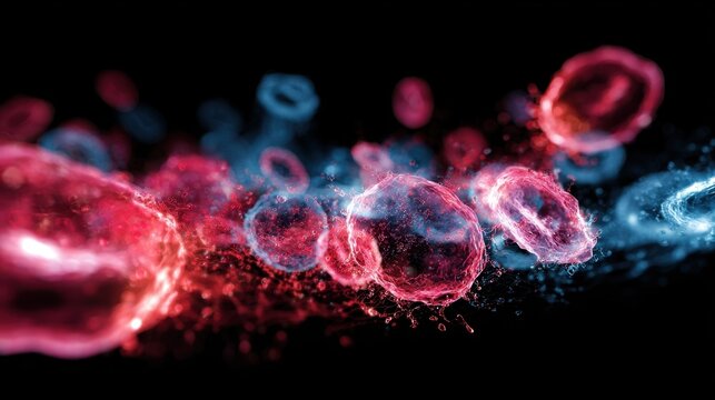 3D visualization of blood transfusion reaction illustrating aggressive antibody attack on donor cells explosive interaction in glowing red and blue hues.