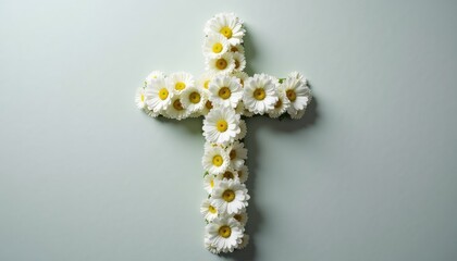Cross made of white flowers on a light background  