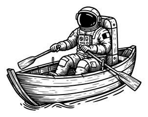 Astronaut Rowing a Wooden Boat in Black and White Outline Line Art Drawing Vector Illustration Isolated