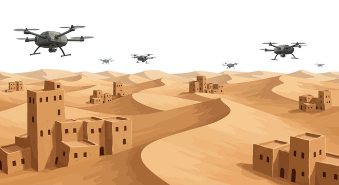 Futuristic drones flying over desert cityscape with sandy dunes in background