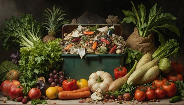 Compost bin filled with fresh fruits and vegetables. Discarded produce nearby, emphasizing environmental impact of food waste. Sustainable practices importance highlighted.