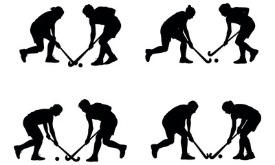 Obraz premium Silhouettes of field hockey players in action poses for team sport and competition designs 