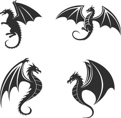 Vector art illustration of a set of black and white tribal dragons, perfect for a tattoo design or mythology symbol