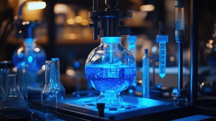 Illuminated blue liquid in a laboratory flask, scientific apparatus in a dark lab