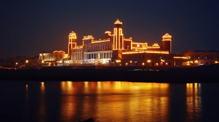 Obraz premium Illuminated building by the water at night