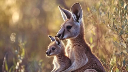 Fototapeta premium Kangaroo and joey, photo in soft light, eucalyptus collar, symbolism of protection and awareness generative ai