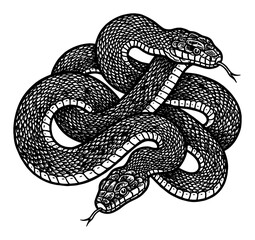 Obraz premium Two Binded Snakes Intertwined Artistic Black and White Outline Line Art Drawing Detailed Vintage Engraving Style