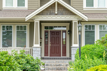 Entrance of luxury house in summer with nice landscape in Vancouver, Canada, North America. Day time on August 2025.