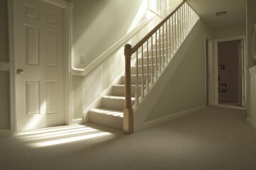 Fototapeta premium Sunlight streams into a light-filled hallway with stairs