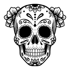 Fototapeta premium Mexican Day of the Dead Sugar Candy Skull with Floral Ornaments Black and White Outline Line Art Drawing