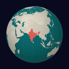 India on the map. Globe centered to India. Country location on the world map. Teal Pale Mint color palette. Globe with countries, meridians and parallels. Awesome vector illustration.