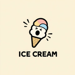 Ice cream icon with cute emotional face, pastel colors, waffle cone, and playful design, perfect for dessert shop or restaurant branding, isolated on white background