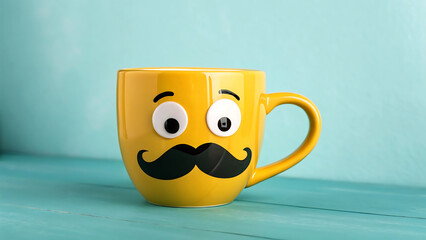 Yellow mug with a funny face and mustache