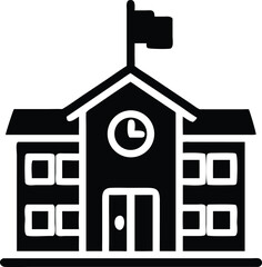 school building with clock and flag flat icon