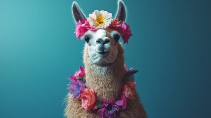 Naklejka premium Llama with floral necklace, friendly expression, cruelty-free concept generative ai